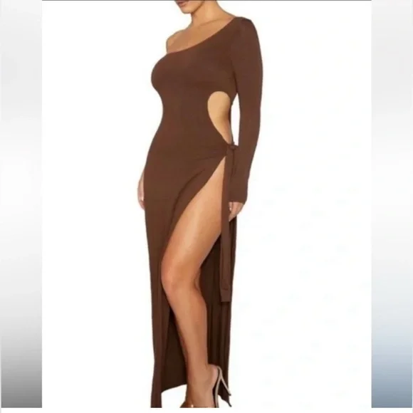 New Naked Wardrobe Women Brown Maxi Dress One Shoulder Size 1X - Picture 2 of 12